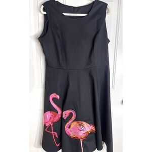 Women's Plus XXL Black Pink Flamingo Fit & Flare Retro Rockabilly Dress